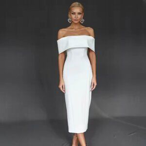 Elegant Off-the-Shoulder Midi Bridal Dress